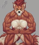 abs amber_eyes anthro breasts clitoris erect_clitoris exposed_breasts female flexing genitals muscular muscular_female nipple_piercing nipples pecs pecs_with_breasts piercing smile smiling_at_viewer solo vein weslly34 maxi_(demondawgy96) mammal procyonid raccoon absurd_res hi_res