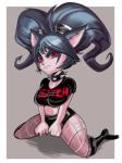 2018 4_fingers alternate_costume alternative_fashion black_hair bottomwear breasts clothing collar digital_media_(artwork) fangs female fingers frown hair half-closed_eyes hi_res humanoid kneeling league_of_legends looking_at_viewer midriff n0ncanon narrowed_eyes navel noxus_poppy_(lol) pigtails poppy_(lol) pose punk pupils red_eyes riot_games short_stack shorts simple_background slit_pupils solo spiked_collar spikes teeth white_body white_skin yordle