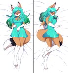 anthro biped blush breasts clothing dakimakura dress exposed_back female fur hair multicolored_body multicolored_fur solo teal_clothing teal_dress teal_hair anonymous_artist farah_(farahfox) canid canine fox mammal absurd_res dakimakura_design hi_res