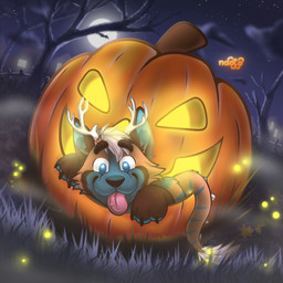 anthro food forest fruit grass holidays male moon night plant pumpkin solo tree naoto halloween arthropod beetle canid canine canis deer elateroid firefly hybrid insect mammal wolf 1:1 absurd_res hi_res