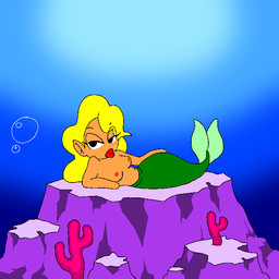 big_eyes blonde_hair bubble coolbean64 female hair lips mermaid_tail red_lips solo split_form tanned_skin underwater water aquatic merfolk 1:1 animated