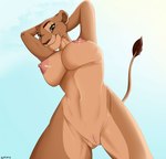 anthro areola big_breasts breasts butt butt_from_the_front countershading female genitals hands_behind_head low-angle_view nipples nude pussy simple_background sky smile smiling_at_viewer solo sunny under_boob sempers disney the_lion_king nala_(the_lion_king) felid lion mammal pantherine hi_res