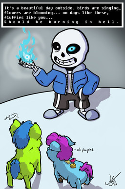 ambiguous_feral ambiguous_gender balls barely_visible_balls barely_visible_genitalia biped black_bottomwear black_clothing black_pants blue_body blue_clothing blue_eyes blue_fire blue_fur blue_hair blue_jacket blue_tail blue_topwear bone bottomwear brown_hooves clothed clothing colored_fire dialogue dialogue_box feral fire fully_clothed fur genitals green_body green_fur grin group hair hand_in_pocket hooves jacket magic male male_feral monotone_body monotone_fur neonate open_mouth open_smile orange_body orange_fur pants pink_body pink_fur pockets purple_hair purple_tail quadruped skeleton sleeping smile solo_focus standing tail teeth text toothy_grin topwear underhoof yellow_body yellow_fur young young_ambiguous young_feral wetfluff fluffy_pony undertale_(series) sans_(undertale) animated_skeleton fluffy_pony_(species) humanoid mammal undead cel_shading crossover digital_media_(artwork) english_text hi_res shaded signature