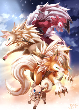 anthro blue_eyes brown_body brown_fur claws detailed_background feral fur green_eyes group looking_at_viewer looking_back male moon orange_body orange_fur pawpads red_body red_eyes red_fur sky sun teeth tongue ivan-jhang nintendo pokemon canid canine dusk_lycanroc generation_7_pokemon lycanroc mammal midday_lycanroc midnight_lycanroc pokemon_(species) rockruff 2017 absurd_res hi_res