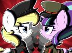 clothing communism duo fascism female feral hat headgear headwear history horn ideology nazi politics russian showdown simple_background smoke soviet_union uniform war aryanne therandomjoyrider friendship_is_magic hasbro my_little_pony mythology aryanne_(character) fan_character starlight_glimmer_(mlp) earth_pony equid equine horse mammal mythological_creature mythological_equine pony unicorn hi_res