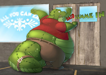 anthro belly belt biped bottomwear clothing detailed_background footwear hitting male morbidly_obese morbidly_obese_anthro morbidly_obese_male obese obese_anthro obese_male open_mouth overweight overweight_anthro overweight_male pants rear_view restaurant shirt shoes solo standing tail teeth thick_tail topwear white_eyes bluescale_(artist) alligator alligatorid crocodilian reptile scalie
