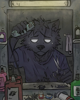 anthro bathroom black_body black_fur claws depression fur fur_trimming hair_clipper male mirror night personal_grooming scissors solo trimming_(grooming) white_eyes kamihzz kami_(kamihzz) canid canine canis mammal wolf 4:5 absurd_res hi_res