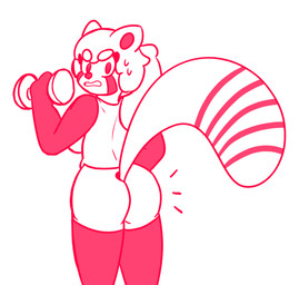 anthro bodily_fluids bottomwear breasts butt clothing exercise female fluffy fluffy_tail hair hotpants looking_at_viewer looking_back shirt shorts solo sweat tail topwear weightlifting weights workout rex_santos pania ailurid mammal red_panda colored_sketch digital_drawing_(artwork) digital_media_(artwork) hi_res sketch