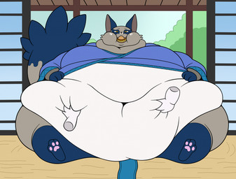 anthro cheek_bulge clothing disembodied_hand duo male morbidly_obese obese overweight solo_focus sumo tight_clothing maddybakery nintendo pokemon generation_8_pokemon nickit pokemon_(species) hi_res