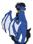 anthro black_hair blue_body blue_skin fur hair horn male membrane_(anatomy) membranous_wings orange_eyes simple_background smile solo standing tail white_background wings gonewiththefart mythology dragon furred_dragon furred_scalie mythological_creature mythological_scalie scalie 3:4 digital_media_(artwork)