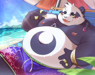 anthro beach belly big_belly blush bottomwear clothing detailed_background kemono male moobs navel nipples outside overweight overweight_male shorts solo swimwear water yamacon0105 lifewonders tokyo_afterschool_summoners alp_(tas) bear giant_panda mammal 2025 hi_res