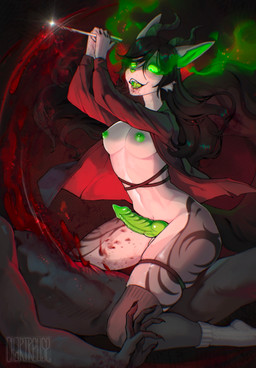 accessory anthro athletic athletic_gynomorph athletic_intersex balls blood blood_on_chin blood_on_face blood_on_knife blood_splatter bodily_fluids bottomless breasts bulge clothed clothing coat coat_only dark_hair death erect_nipples erection flaming_eyes footwear garter genitals glowing glowing_eyes gore green_eyes green_nipples grey_body gynomorph gynomorph/male gynomorph_focus horn intersex intersex/male intersex_focus killing knife knot knotted_penis leg_garter legwear looking_at_another looking_at_partner looking_down looking_down_at_partner male midriff mostly_nude mostly_nude_gynomorph mostly_nude_intersex nipples nude_male on_top open_clothing open_coat open_mouth open_topwear partially_clothed partially_clothed_gynomorph partially_clothed_intersex penis ribbed_penis ridged_penis shirt simple_background smoking_eyes socks stab teeth thigh_highs topless topwear topwear_only ventral_groove chartreuse_jack zoe_(kamikazekit) felid mammal hi_res