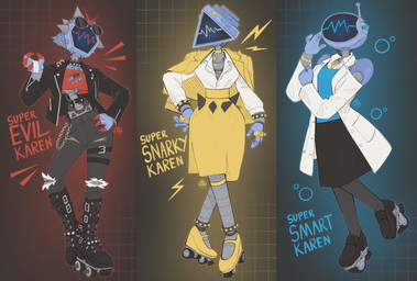 4_fingers antennae_(anatomy) bandage bandaged_arm belt blue_clothing bottomwear bracelet chain claws clock clothing coat crt digit_ring dress eyewear female fingers for_a_head gesture glasses group hand_gesture handwear headgear headwear jacket jewelry lab_coat logo machine necklace pants pose red_clothing screen screen_face simple_background snarky text topwear torn_bottomwear torn_clothing torn_pants trio watch waveform yellow_clothing yellow_dress auveiss nickelodeon plankton:_the_movie spongebob_squarepants super_evil_karen super_smart_karen super_snarky_karen humanoid object_head robot screen_head 2025 absurd_res artist_logo artist_name character_name digital_drawing_(artwork) digital_media_(artwork) hi_res signature