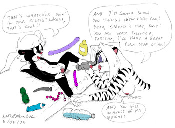 4_fingers adult_on_young age_difference anal_beads anthro black_body black_fur breasts buttplug camera claws dialogue dildo double_dildo duo eyelashes eyeshadow female female/female fingers fur genitals hair lying makeup multicolored_body multicolored_fur navel nipples nude on_back one_eye_closed open_mouth plug_(sex_toy) presenting presenting_vulva recording red_nose sex_toy sex_toy_background simple_background small_breasts spread_legs spread_vulva spreading text tongue tongue_out vulva white_background white_body white_fur white_hair young young_anthro asthexiancal sabrina_online tabitha_(sabrina_online) zig_zag mammal mephitid skunk striped_skunk 2004 english_text