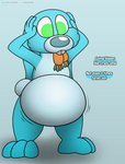 ambiguous_gender anthro belly big_belly blue_body fur nude simple_background solo speech_bubble standing teeth text foxball kitty_pride mai_(kitty_pride) lagomorph leporid mammal rabbit hi_res