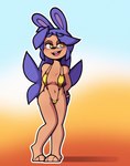 3_toes amber_eyes anthro bikini black_nose blue_hair blush breasts buckteeth clothing eyeshadow feet female gold_bikini hair half-closed_eyes hand_on_hip makeup medium_breasts narrowed_eyes one-piece_swimsuit outline simple_background sling_bikini solo suggestive swimwear teeth toes tongue two-piece_swimsuit white_outline conditional_dnp thehenwithatie golden_week ninjin_(thehenwithatie) lagomorph leporid mammal rabbit 2025 absurd_res hi_res