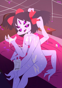 4_arms 5_eyes anthro areola black_hair black_sclera bodily_fluids breasts cum cum_covered cum_in_mouth cum_inside female front_view genital_fluids hair looking_at_viewer messy multi_arm multi_eye multi_limb nipples nude pigtails purple_areola purple_body purple_eyes purple_nipples red_bow sitting solo sweat thick_thighs wide_hips silverplatin undertale undertale_(series) muffet arachnid arthropod spider absurd_res hi_res
