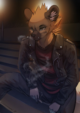 anthro black_bottomwear black_clothing black_jacket black_pants black_topwear bottomwear brown_body brown_fur cigarette clothing fur jacket leather leather_bottomwear leather_clothing leather_jacket leather_pants leather_topwear male pants pattern_clothing pattern_shirt pattern_topwear red_clothing red_shirt red_topwear shirt sitting smoking solo spread_legs spreading topwear dancrescentwolf aggretsuko sanrio haida_(aggretsuko) hyena mammal spotted_hyena 2023 digital_drawing_(artwork) digital_media_(artwork) hi_res