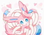 ambiguous_gender big_ears blue_eyes blush daww feral fur heart_symbol looking_at_viewer paws pink_body pink_fur pink_paws ribbons simple_background smile solo white_body white_fur nell_two nintendo pokemon canid canine eeveelution generation_6_pokemon mammal pokemon_(species) sylveon pink_theme