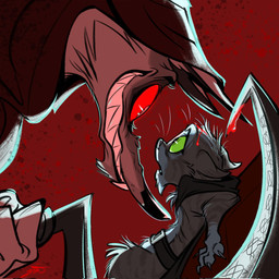 against_surface anthro belt blood blood_drip blood_on_head blood_on_object blood_on_weapon bodily_fluids cape cheek_tuft chest_tuft chin_tuft claws cloak clothing creepy_face creepy_smile dripping duo ears_down eye_contact facial_markings facial_tuft fangs fluffy frown fur fuzzy green_eyes grey_body grey_fur grin head_markings head_tuft holding_object holding_weapon hood hood_up leaning leaning_forward leg_tuft looking_at_another male markings mask_(marking) nervous orange_body orange_fur pivoted_ears pointy_ears poncho prick_ears red_background red_eyes scared sharp_teeth sickle side_view simple_background size_difference smile teeth toony tuft weapon whiskers wide_eyed genevieve_tsai dreamworks puss_in_boots_(franchise) death_(puss_in_boots) puss_in_boots_(dreamworks) canid canine canis domestic_cat felid feline felis mammal tabby_cat wolf 1:1 hi_res