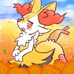 3_fingers ambiguous_gender anthro black_body black_fur blush detailed_background fingers flower flower_field food fried_shrimp fur inner_ear_fluff looking_at_viewer open_mouth outside plant smile solo tuft white_body white_fur yellow_body yellow_fur annyui0611 nintendo pokemon braixen canid canine generation_6_pokemon mammal pokemon_(species) 1:1 digital_media_(artwork) hi_res