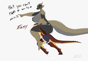 anthro areola athletic_wear big_breasts big_tail black_body bottomwear breasts brown_body carrying_another clothing duo female gesture grey_body gym_bottomwear gym_shorts hand_gesture huge_breasts huge_tail larger_female male markings nipples orange_eyes pointing running shorts side_view size_difference smaller_male tail tan_body yellow_eyes averyshadydolphin rezflux mythology claudia_(averyshadydolphin) dragon mythological_creature mythological_scalie scalie character_request