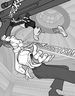 5_fingers anthro bottomless bottomless_female breasts buckteeth clothed clothing detailed_background duo female fingers flying gun handgun onomatopoeia pistol pistol_whipping ranged_weapon sound_effects teeth text weapon chris_fischer chip_'n_dale_rescue_rangers disney gadget_hackwrench human mammal mouse murid murine rodent hi_res