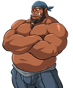 beard bottomwear bulge clothed clothing facial_hair kerchief male navel nipples not_furry overweight overweight_humanoid overweight_male pants simple_background solo topless white_background maldu humanoid orc 5:6 absurd_res hi_res