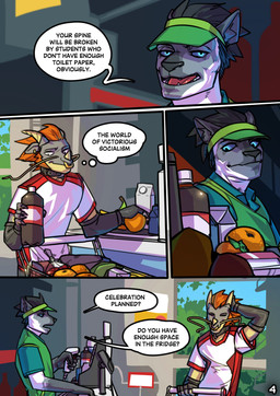 anthro banana beverage black_collar blue_eyes bottle cart carton cash_register claws clerk clothed clothing collar container d-ring detailed_background dialogue duo ear_piercing ear_ring facial_piercing fingerless_gloves food fruit fur gloves green_cap green_clothing grey_body grey_fur grey_hair groceries grocery_shopping grocery_store hair handwear hat headgear headwear horn inside male mouth_closed multicolored_body multicolored_clothing multicolored_fur multicolored_shirt multicolored_t-shirt multicolored_topwear nose_piercing nose_ring open_mouth orange_(fruit) orange_hair page_number piercing plant ring_piercing rubbing_head shirt shopping speech_bubble t-shirt text thought_bubble topwear two_tone_clothing two_tone_shirt two_tone_t-shirt two_tone_topwear visor_cap white_clothing white_shirt white_t-shirt white_topwear window grumpy_gray_guy mythology gorelion canid canine canis dragon mammal mythological_creature mythological_scalie scalie wolf comic english_text hi_res
