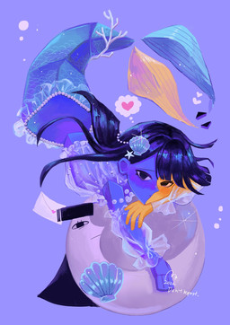 black_eyes black_hair blue_body clothed clothing duo eyebrows female fin floating_arms floating_tail floating_torso hair multicolored_body seashell shell simple_background split_color split_form tail tail_fin topwear translucent translucent_clothing two_tone_body yellow_body usagimarumei ena_(series) ena_(web_series) ena_(joel_g) moony_(ena) aquatic ena_(species) humanoid living_moon mammal merfolk sphere_creature digital_media_(artwork) hi_res