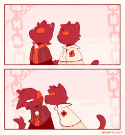 ambiguous_anthro ambiguous_gender anthro chain clothed clothed_ambiguous clothing duo eye_scar facial_scar fur head_tuft notched_ear red_eyes scar tail tongue tongue_out tuft rubyfunkey cult_of_the_lamb massive_monster_(studio) aym_(cult_of_the_lamb) baal_(cult_of_the_lamb) domestic_cat felid feline felis mammal 2024 comic digital_drawing_(artwork) digital_media_(artwork) hi_res brother_(lore) brothers_(lore) male_(lore) sibling_(lore)
