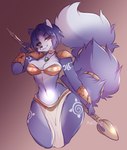 anthro blue_body blue_fur breasts cleavage clothed clothing dipstick_tail female fur holding_object holding_weapon markings multicolored_tail solo tail tail_markings weapon wide_hips bunnywhiskerz nintendo star_fox krystal_(star_fox) canid canine fox mammal digital_media_(artwork) hi_res shaded