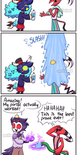 3_panel_comic 4_eyes 4_fingers aged_down anthro athletic_wear band-aid bandage black_body black_feathers blue_clothing blue_shirt blue_topwear bodily_fluids bottle bottomwear brown_bottomwear brown_clothing brown_pants clothed clothing constricted_pupils container crown crying_laughing dialogue duo empty_eyes eyes_closed feather_hair feathers fingers garden_hose glowing_hands green_sclera group hand_on_face hat headgear headwear horn hose laugh magic male multi_eye pants pink_clothing pink_shirt pink_topwear portal prank pseudo_hair pupils purple_clothing purple_shirt purple_topwear red_body red_bottomwear red_clothing red_eyes red_shorts red_skin shirt shorts simple_background sleeveless_shirt small_hands small_pupils spade_tail striped_horn stripes surprised suspenders sweat tail tail_feathers tank_top tears text top_hat topwear towel track_pants water water_bottle white_background white_face yellow_sclera young norithelord hellaverse helluva_boss asmodeus_(helluva_boss) blitzo_(helluva_boss) fizzarolli_(helluva_boss) stolas_(helluva_boss) avian avian_demon bird demon humanoid imp owl owl_demon 2022 absurd_res artist_name comic english_text hi_res watermark