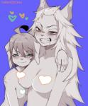 ahoge anthro big_breasts breast_size_difference breasts duo female fur hair heart_censor heart_symbol looking_at_viewer simple_background small_breasts teeth coffeechicken kess_(coffeechicken) sasa_(coffeechicken) canid canine canis domestic_dog mammal 2019 censored digital_media_(artwork)