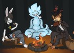 anthro bone campfire candy dessert eating feral fire food group male marshmallow meat s'more size_difference slime wings marsminer hakan rick_evans shen demon felid goo_creature imaginary_friend imp lagomorph leporid mammal mouse murid murine pantherine rabbit rodent tiger