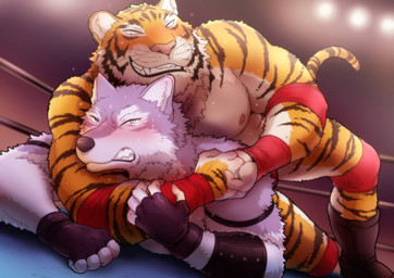 anthro asphyxiation biceps black_body black_fur black_nose blue_eyes blush bodily_fluids boots bulge chokehold choking clenched_teeth clothed clothing dominant drooling duo elbow_pads fangs fighting_ring fingerless_gloves fist footwear fur gloves grey_body grey_fur half-closed_eyes handwear headlock looking_away looking_down low-angle_view lying male muscular muscular_male narrowed_eyes neck_tuft nipples on_front orange_body orange_fur pecs saliva shoes smile stripes sweat teeth topless tuft underwear wet whiskers white_body white_fur wrestler wrestling wristband maririn canid canine canis felid mammal pantherine tiger wolf 2017