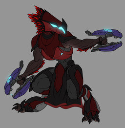 3_fingers 3_toes ambiguous_gender anthro arm_feathers arm_tuft armor digitigrade energy_weapon feather_hair feathered_crest feathers feet fingers glowing_visor grey_body head_crest headgear helmet plasma_rifle pseudo_hair ranged_weapon red_body red_feathers simple_background solo standing toes tuft weapon ab_rin halo_(series) microsoft xbox_game_studios alien avian kig-yar scalie t'vaoan colored hi_res