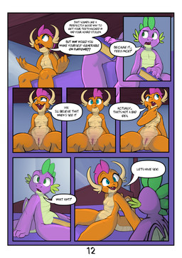 anthro blue_eyes clitoral_hood dialogue duo female genitals male male/female nude orange_body presenting_vulva spread_legs spreading tail text vulva wings elicitie friendship_is_magic hasbro my_little_pony mythology smolder_(mlp) spike_(mlp) dragon mythological_creature mythological_scalie reptile scalie absurd_res comic digital_media_(artwork) english_text hi_res
