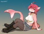 anthro boots bottomwear breasts clothed clothing crop_top eyebrows eyelashes female fingers footwear hair legwear looking_at_viewer midriff navel navel_piercing non-mammal_breasts piercing shirt shoes shorts smile solo tights topwear kaitycuddle shrimp_(uk_brony) fish marine shark 2021 digital_media_(artwork)