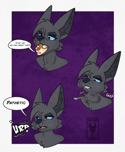 anthro burping clenched_teeth dialogue duo ears_up fangs fur hair half-closed_eyes inner_ear_fluff male mouth_closed muffled_speech narrowed_eyes neck_bulge one_eye_closed open_mouth oral_vore soft_vore speech_bubble swallowing teeth text tuft vore wide_eyed awoogasm canid canine canis mammal wolf 2020 comic headshot_portrait hi_res portrait signature