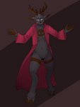 ambiguous_gender anthro antlers black_body black_fur brown_body brown_eyes brown_fur clothing cloven_hooves fangs featureless_crotch fur hair head_tuft hooves horn looking_at_viewer markings mostly_nude navel red_clothing robe simple_background smile solo standing symbol teeth tuft unguligrade dizzy_(artist) bekymre deer mammal moschid 2020 3:4 digital_media_(artwork) hi_res