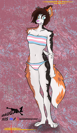 anthro bikini blue_eyes brown_hair clothing female hair happy lgbt_pride looking_at_viewer open_mouth pattern_background pink_nose pride_colors simple_background solo standing swimwear transgender_pride_colors two-piece_swimsuit white_body anauga1 australian_cattle_dog canid canine canis cattledog domestic_dog herding_dog mammal pastoral_dog hi_res trans_(lore) trans_woman_(lore)