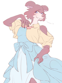 anthro blue_clothing blue_eyes bow_ribbon clothed clothing dress female fur multicolored_body multicolored_fur pose purple_body purple_fur smile solo simesaba_poteto beastars juno_(beastars) canid canine canis mammal wolf 3:4 hi_res
