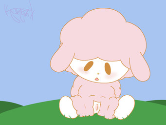 anthro beady_eyes blush chibi confusion female fur genitals looking_at_viewer nude open_mouth pink_body pink_fur simple_background solo spreading text vulva white_body young young_anthro young_female koredex sanrio my_sweet_piano bovid caprine domestic_sheep mammal sheep 4:3 digital_media_(artwork) english_text hi_res