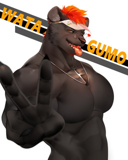 anthro barazoku black_body black_fur candy clothed clothing dessert ear_piercing ear_ring eyewear food fur gesture glasses kemono lollipop looking_at_viewer male melanistic muscular muscular_anthro muscular_male pecs piercing ring_piercing simple_background solo tongue tongue_out topless topless_anthro topless_male visor rjay_owo watagumo hyena mammal hi_res