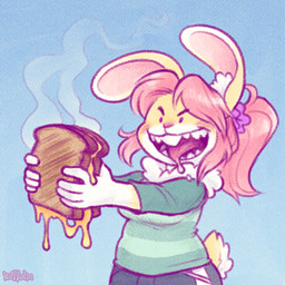 anthro blue_background breasts clothing female food green_clothing green_shirt green_topwear grilled_cheese hair holding_food holding_object holding_sandwich open_mouth pink_hair ponytail purple_eyes sandwich_(food) shirt simple_background smile socialist_teeth solo tail tongue tongue_out topwear keffotin soleil_(keffotin) lagomorph leporid mammal rabbit 1:1 2020 digital_media_(artwork) trans_(lore) trans_woman_(lore)