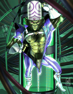 abs anthro areola armwear biceps body_hair bodysuit boots chest_hair clothing elbow_gloves erection erection_under_clothing fingerless_gloves fingers footwear fur genitals gloves green_body handwear headgear headwear humanoid_genitalia humanoid_penis looking_at_viewer male muscular muscular_anthro muscular_male nipple_piercing nipples pecs penis piercing pubes seductive shoes skinsuit smile solo standing tenting tight_clothing unzipped vein veiny_penis zipper nevets cartoon_network powerpuff_girls mojo_jojo ape haplorhine mammal monkey primate digital_media_(artwork) hi_res