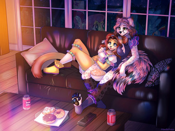 anthro beverage blue_eyes can chocolate_doughnut clothed clothing coffee_table cola container cuddling dessert diaper diaper_under_clothing doughnut dress duo female food footwear furniture green_eyes open_toe_socks pastry reflection sitting socks soda sofa sprinkles table wearing_diaper window window_reflection minettefraise friendship_is_magic hasbro my_little_pony fluttershy_(mlp) pinkie_pie_(mlp) rainbow_dash_(mlp) canid canine felid feline mammal hi_res