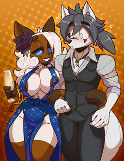 5_fingers accessory anthro areola areola_slip big_breasts black_clothing black_flower black_underwear blind_eye blue_clothing blue_dress blue_eyes blue_lipstick blue_sclera blush bodily_fluids bracelet breasts brown_areola bubble champagne_glass chest_tuft clothed clothed_anthro clothed_female clothed_male clothing container crossgender cup curly_hair dotted_background dress drinking_glass drunk drunk_bubble duo ear_piercing entwined_arms eye_contact eyebrow_through_hair eyebrows eyelashes fangs female female_anthro fingers flower flower_in_hair flying_sweatdrops gem glass glass_container glass_cup gold_(metal) gold_bracelet gold_jewelry grey_hair hair hair_accessory hair_over_eye holding_container holding_glass holding_object jewelry leg_markings lipstick long_hair looking_at_another makeup male male_anthro markings mtf_crossgender necklace orange_background pattern_background pearl_(gem) pearl_necklace piercing plant ponytail short_ponytail simple_background skimpy skimpy_dress small_waist smile smiling_at_another socks_(marking) sparkles sparkling_clothing sparkling_dress substance_intoxication sweat sweatdrop tail tail_around_waist teeth thick_thighs tooth_necklace translucent translucent_hair tuft underwear white_hair wide_hips conditional_dnp teckworks iroh_(irohcards) percy_(teckworks) canid canine canis domestic_cat felid feline felis mammal siamese wolf 2025 digital_media_(artwork) signature