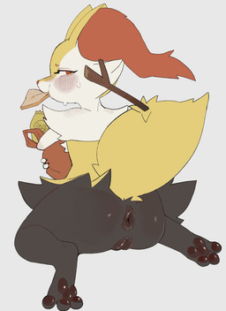 anthro anus bread butt eating eating_food female fluffy fluffy_tail food fur genitals inner_ear_fluff kneeling looking_at_viewer looking_back looking_back_at_viewer nude nude_anthro nude_female pawpads red_eyes solo stick tail tuft vulva yellow_body yellow_fur skeleton265 nintendo pokemon braixen canid generation_6_pokemon mammal pokemon_(species) hi_res